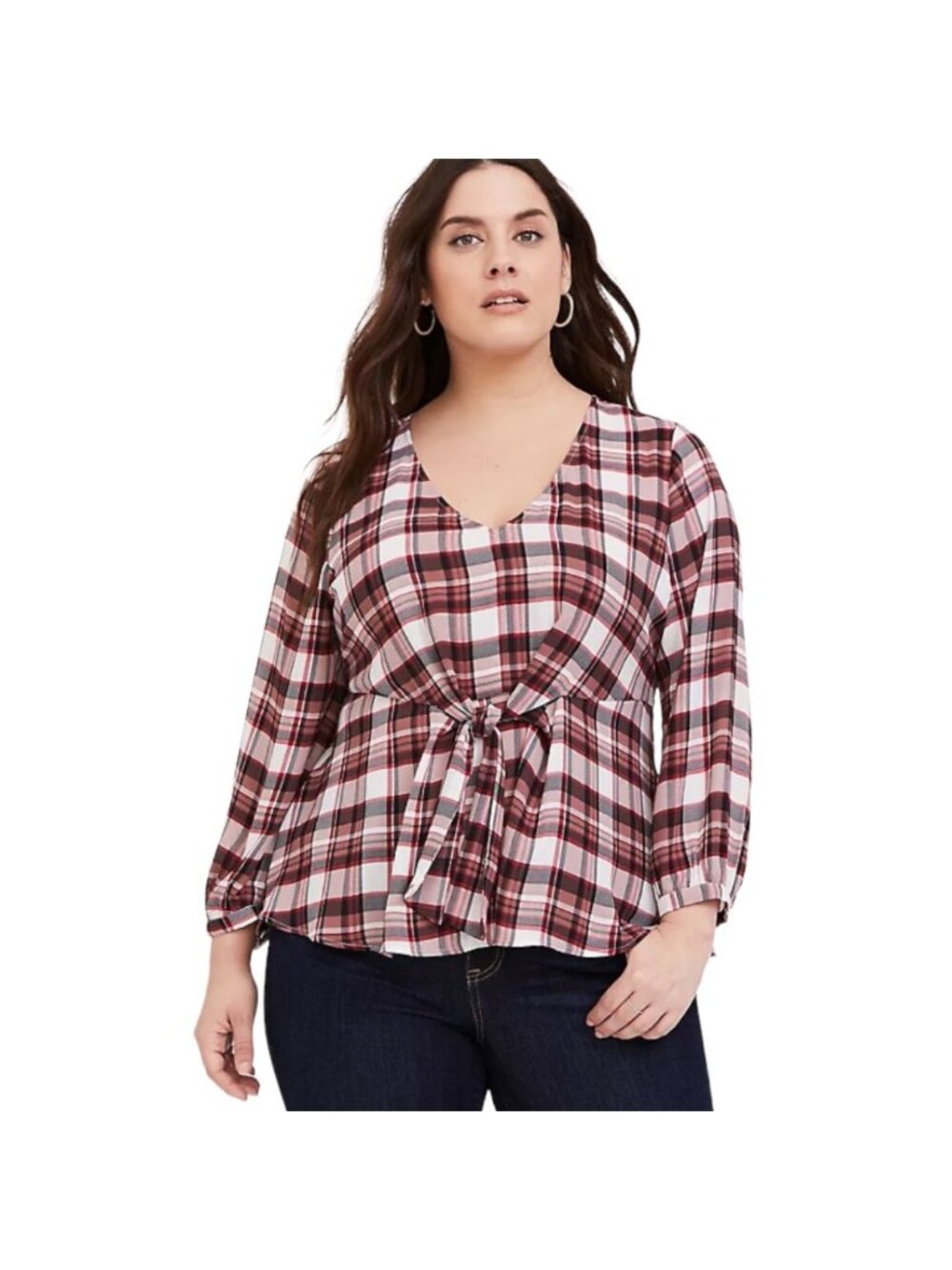 Torrid Women's Red Plaid V-Neckline Tie-Front Blouse, Long Sleeve Size 3